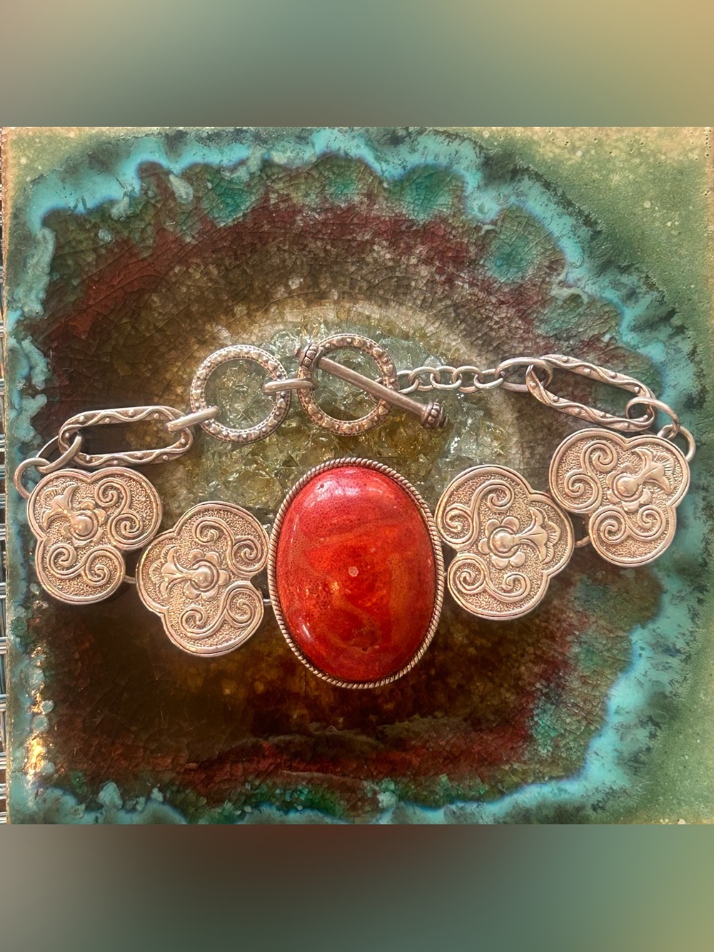 Vintage Sterling Carnelian Filigree Link Bracelet